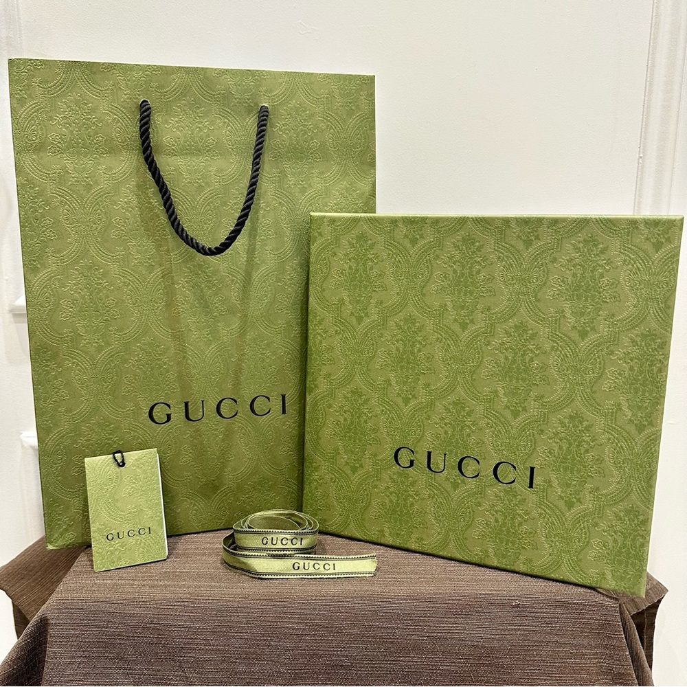Authentic GUCCI gift box for scarf with matching gift bag, GUCCI ribbon and tag
